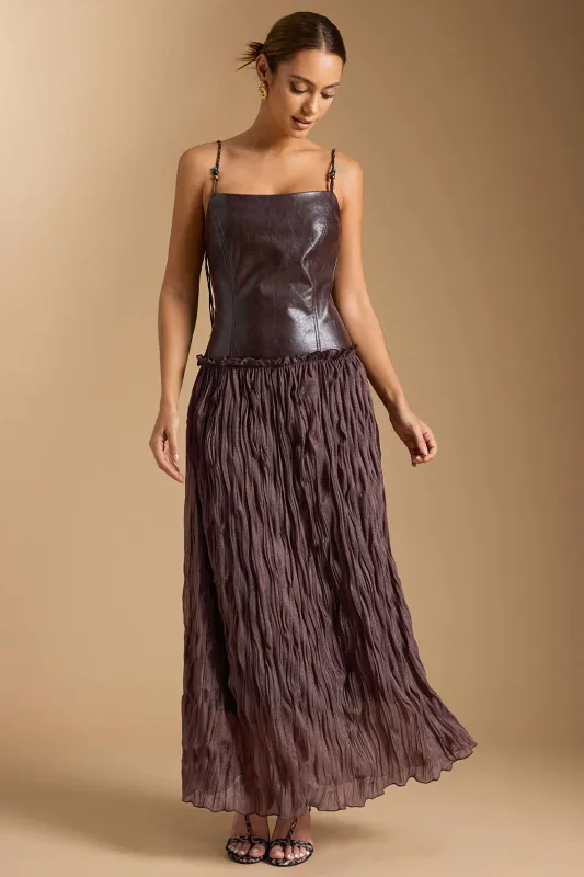 Faux Leather Patchwork Ruched Sleeveless Midi Dress sold by Micas