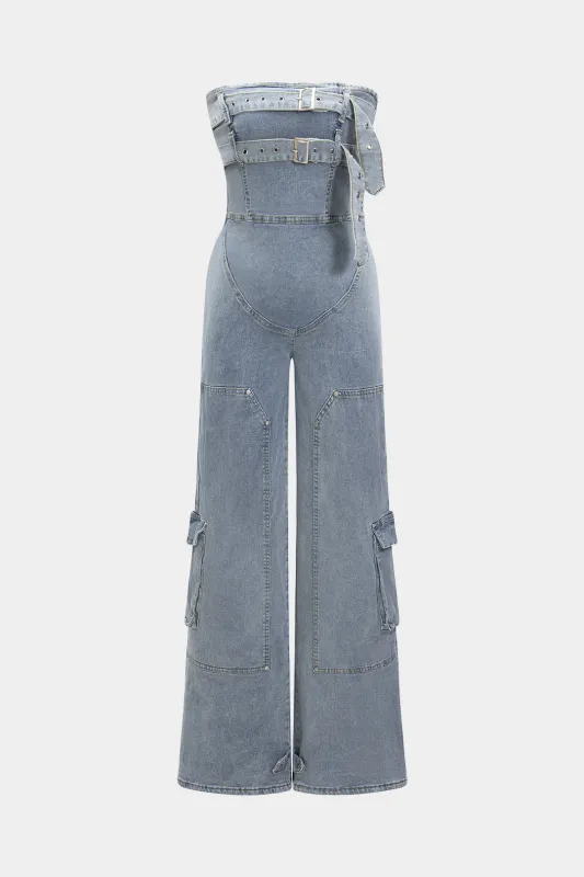 Denim Belted High Waist Strapless Sleeveless Jumpsuit sold by Micas