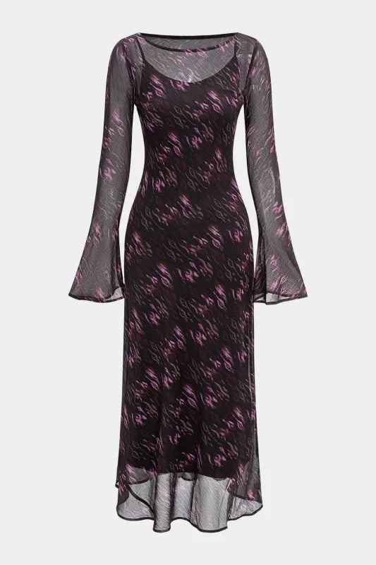 Abstract Leopard Print Chiffon Ruched Long Sleeve Maxi Dress sold by Micas