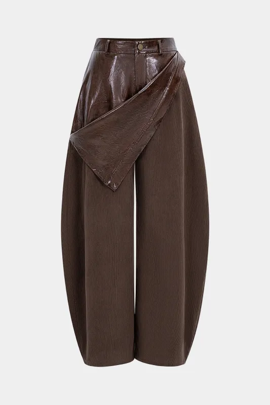 Faux Leather Patchwork Zipper Wide Leg Pocket Barrel Trousers sold by Micas