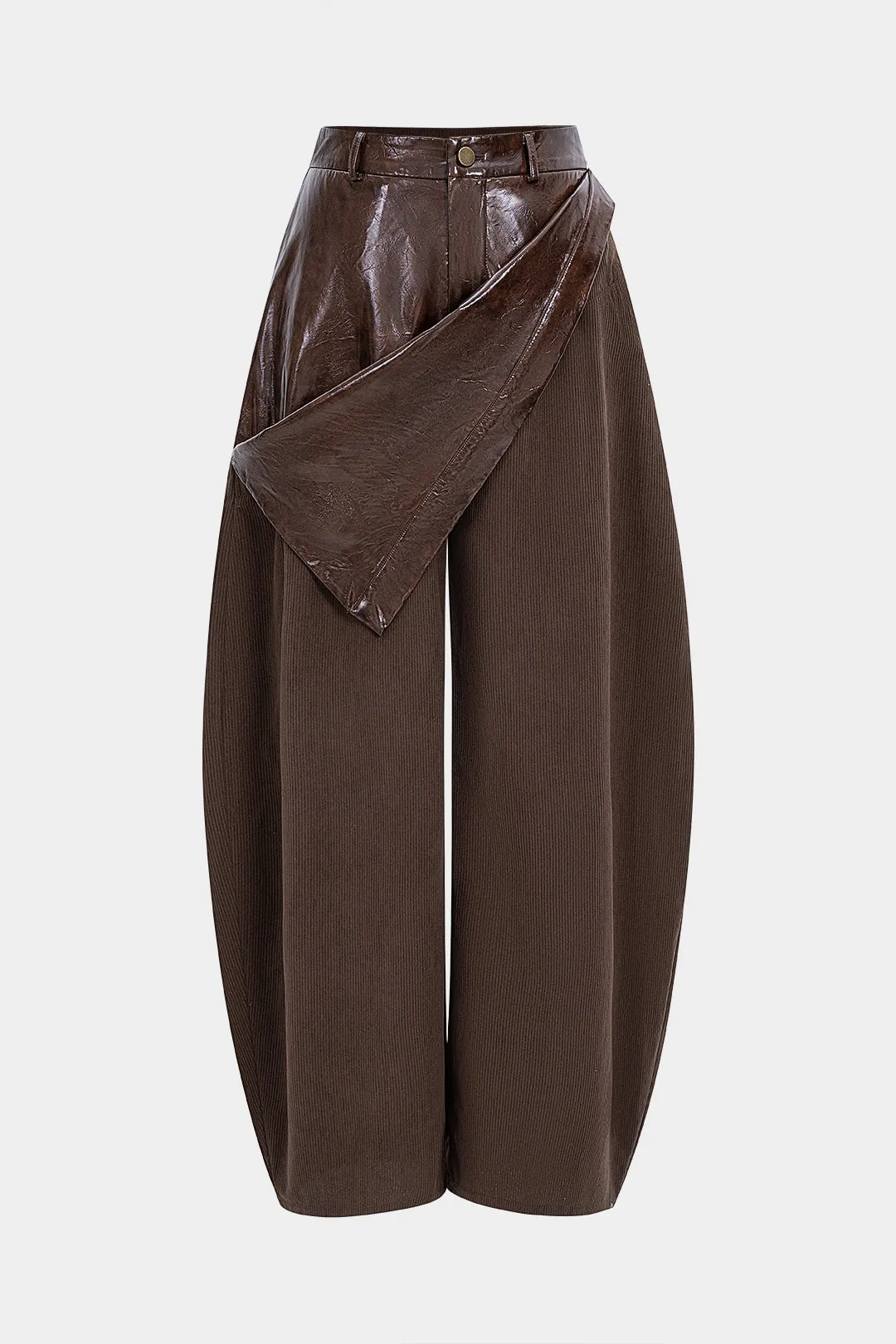 Faux Leather Patchwork Zipper Wide Leg Pocket Barrel Trousers sold by Micas