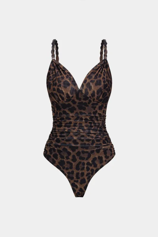Leopard Print Mesh  V-Neck Ruched Twist Knot Slip Sleeveless Bodysuit sold by Micas