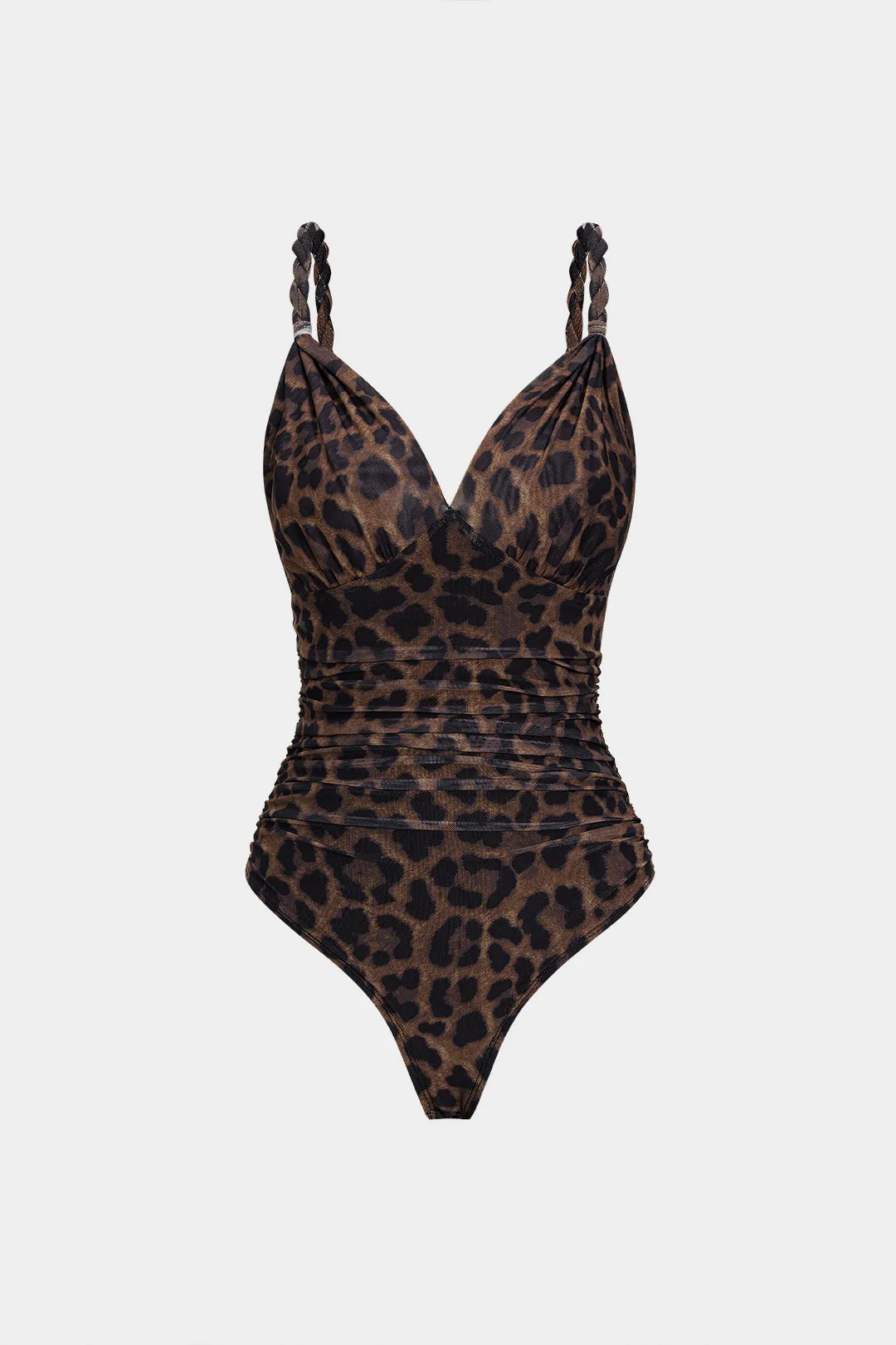 Leopard Print Mesh V-Neck Ruched Twist Knot Slip Sleeveless Bodysuit sold by Micas