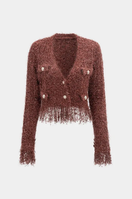 Knit Metallic Button Fringe Trim V-Neck Cardigan sold by Micas