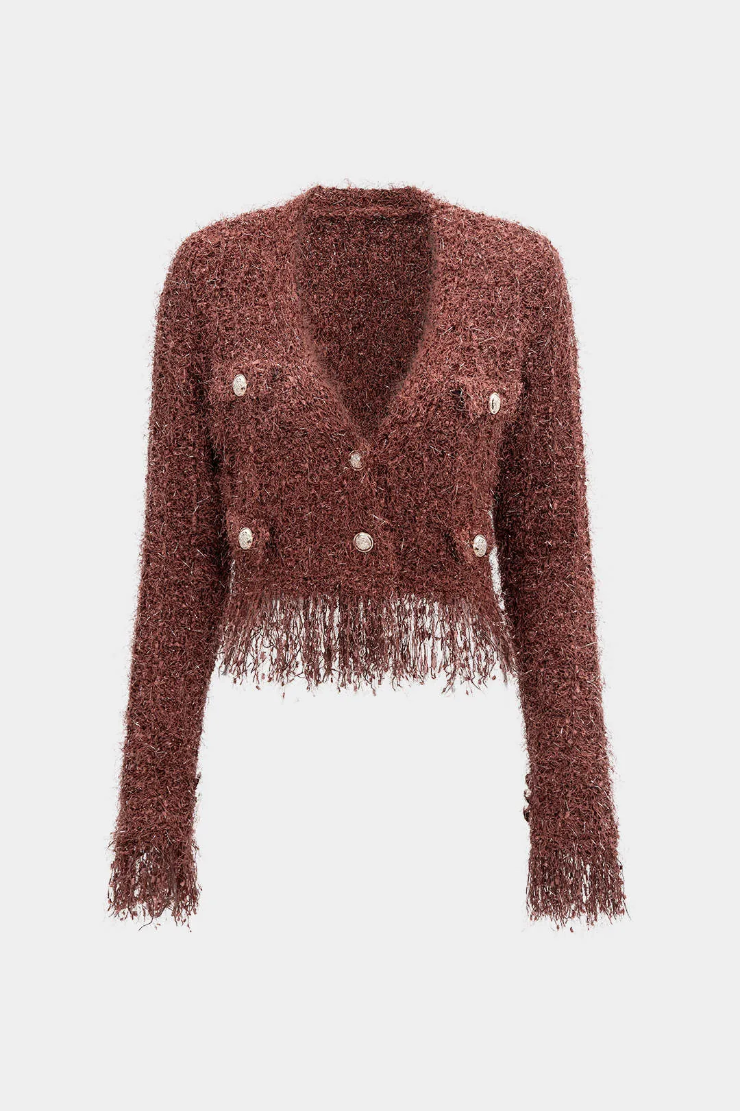 Knit Metallic Button Fringe Trim V-Neck Cardigan sold by Micas