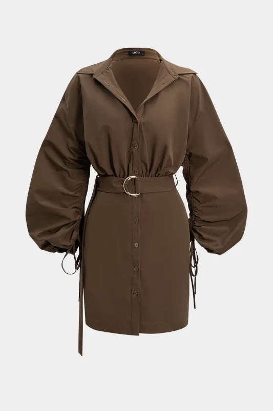 Button Belted Drawstring Long Sleeve Mini Dress sold by Micas