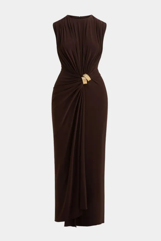 Metallic  Asymmetrical Ruched Cut Out Sleeveless Maxi Dress sold by Micas