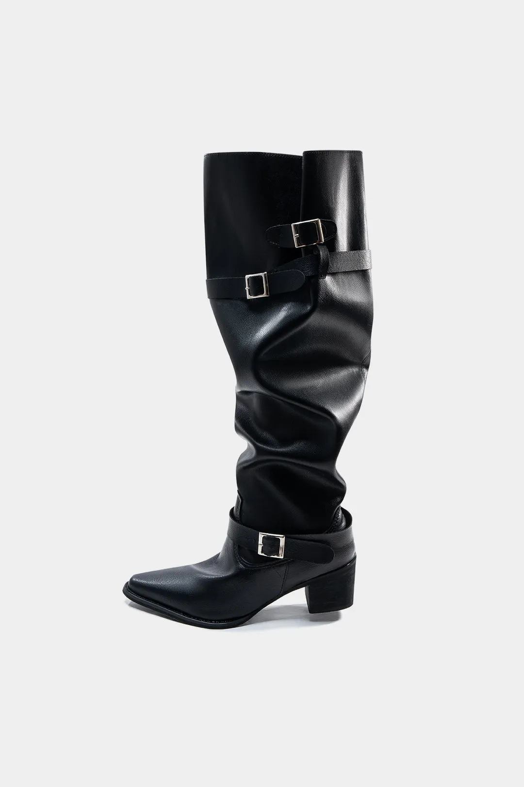 Leather Metallic Belted Pointed Toe Knee High Boots sold by Micas product image thumbnail 2