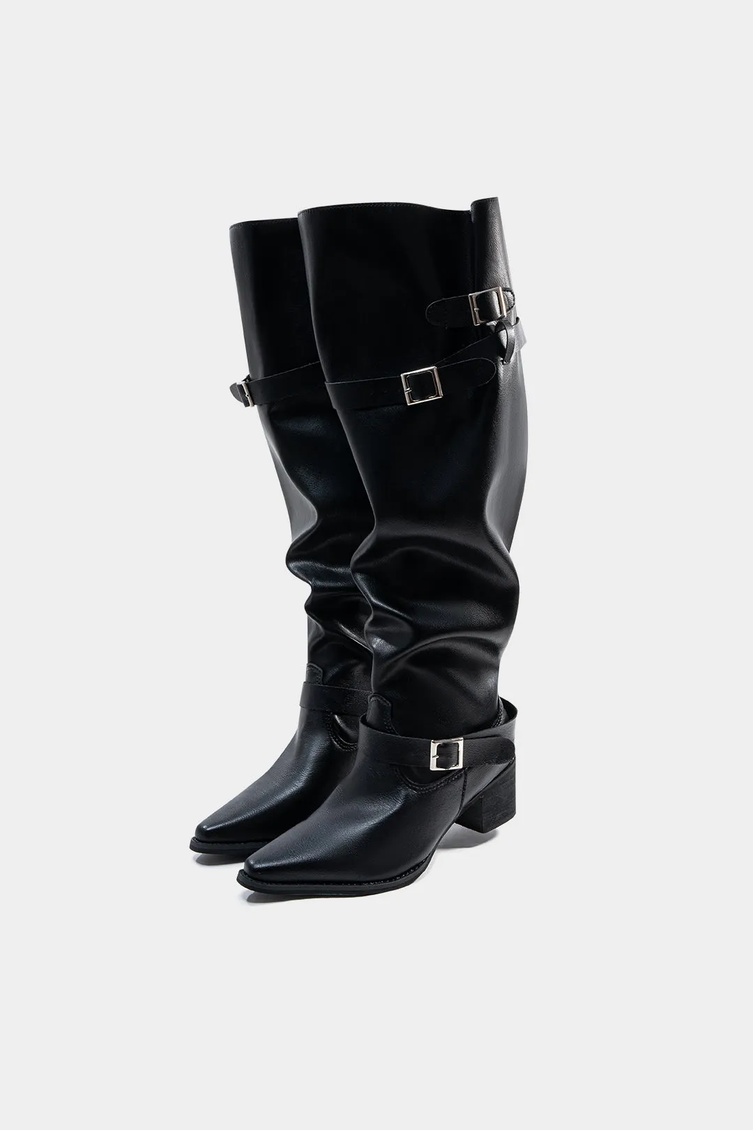 Leather Metallic Belted Pointed Toe Knee High Boots sold by Micas