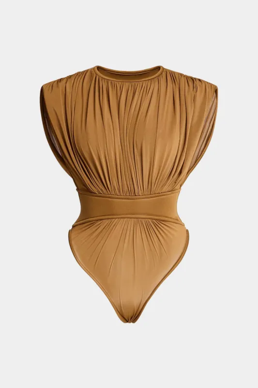 Zipper Ruched Waist-Cinching Round Neck Bodysuit sold by Micas