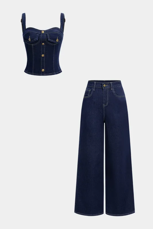 Denim Button Zipper Cami Top And High Waist Straight Leg Jeans Set sold by Micas