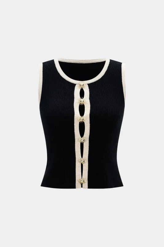 Knit Metallic Button Contrast Binding Tank Top sold by Micas