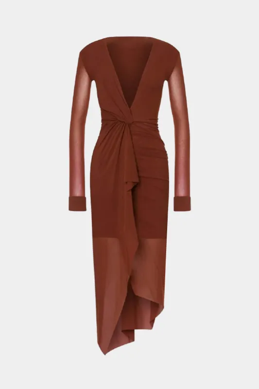 Asymmetrical Twist Knot Ruched Long Sleeve Midi Dress sold by Micas