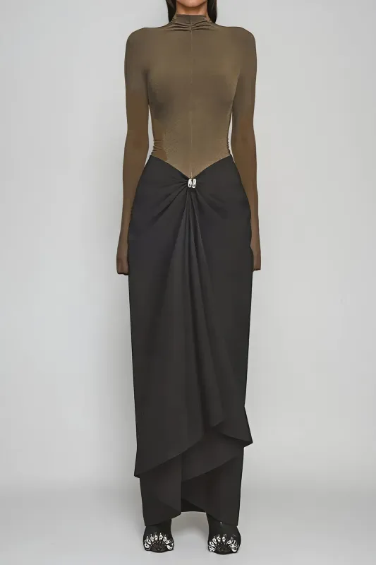 Satin Metallic Ruched Patchwork Zipper Long Sleeve Maxi Dress sold by Micas