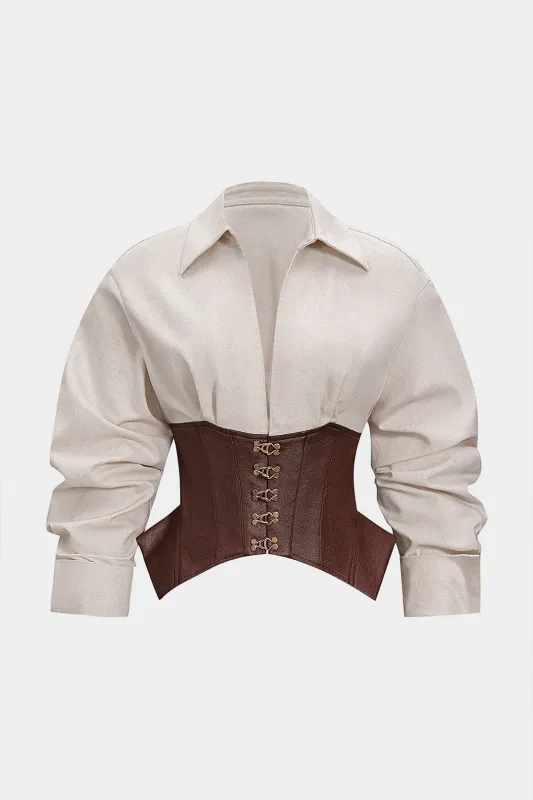 Faux Leather Linen Metallic Patchwork Ruched Long-Sleeve Shirt sold by Micas