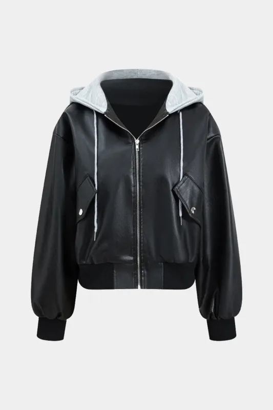 Faux Leather Patchwork Hooded Drawstring Long Sleeve Sweatshirt sold by Micas