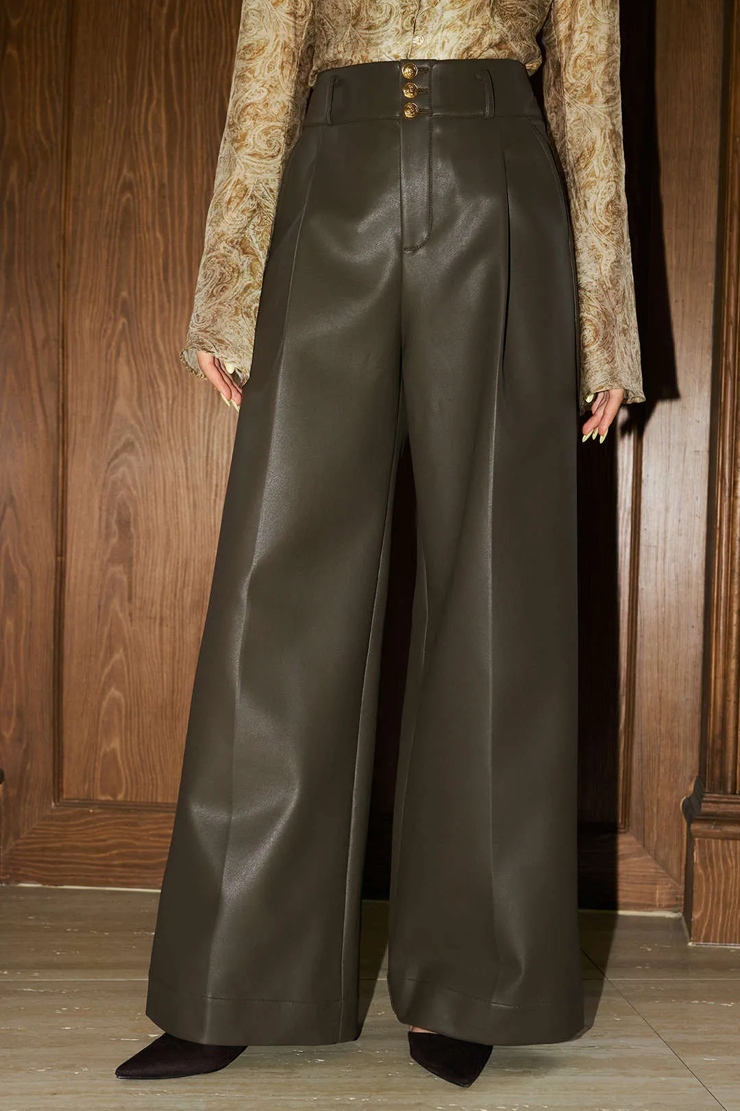 Faux Leather Metallic Button Straight Leg Trousers sold by Micas product image thumbnail 2