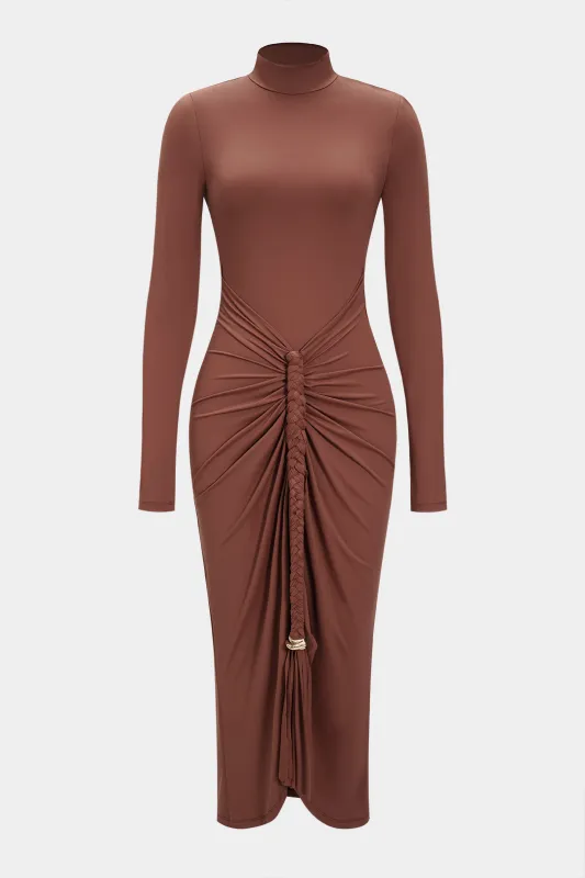 Mock Neck Braided Ruched Long Sleeve Midi Dress sold by Micas