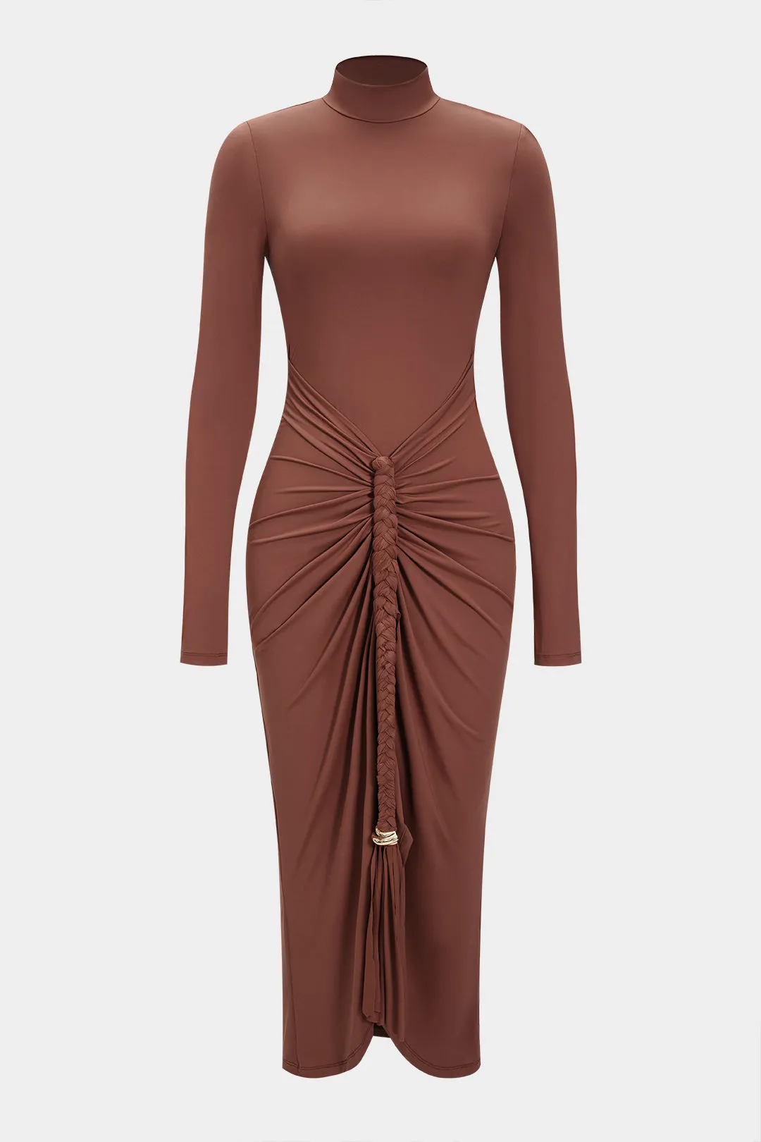 Mock Neck Braided Ruched Long Sleeve Midi Dress sold by Micas