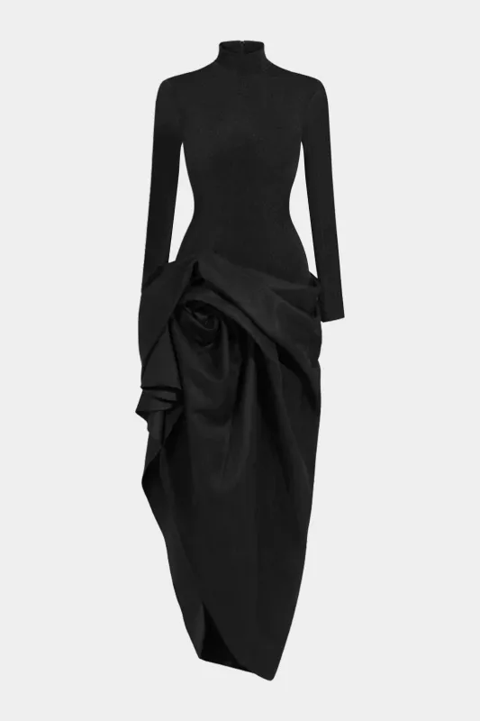 Satin Mock Neck Asymmetrical Ruched Slit Long Sleeve Maxi Dress sold by Micas