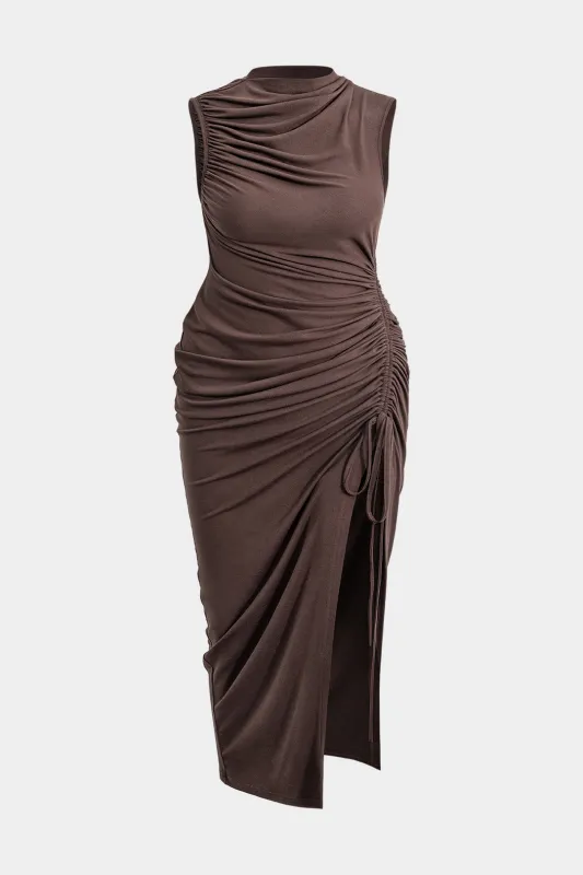 Plus Size Drawstring Ruched Side Slit Sleeveless Midi Dress sold by Micas