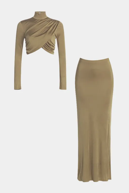 Mock Neck Ruched Crossed Long-Sleeve And Skirt Set sold by Micas