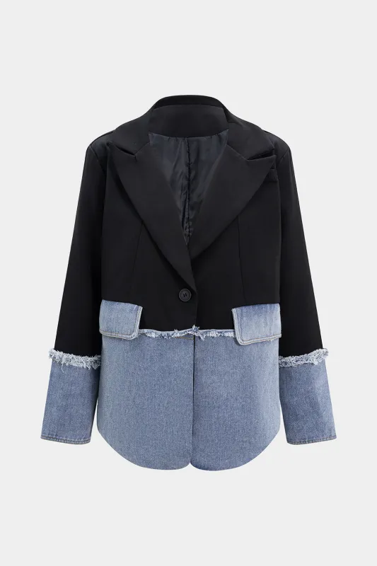 Denim Patchwork Frayed Blazer sold by Micas