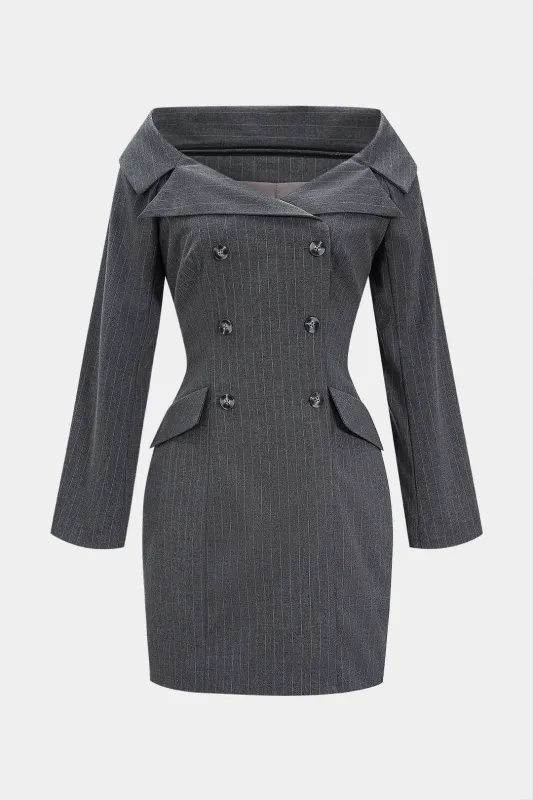 Stripes Print Off Shoulder Button Long Sleeve Mini Dress sold by Micas