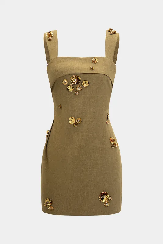 Beaded Rhinestone 3D Sequin Flower Decor Sleeveless Mini Dress sold by Micas