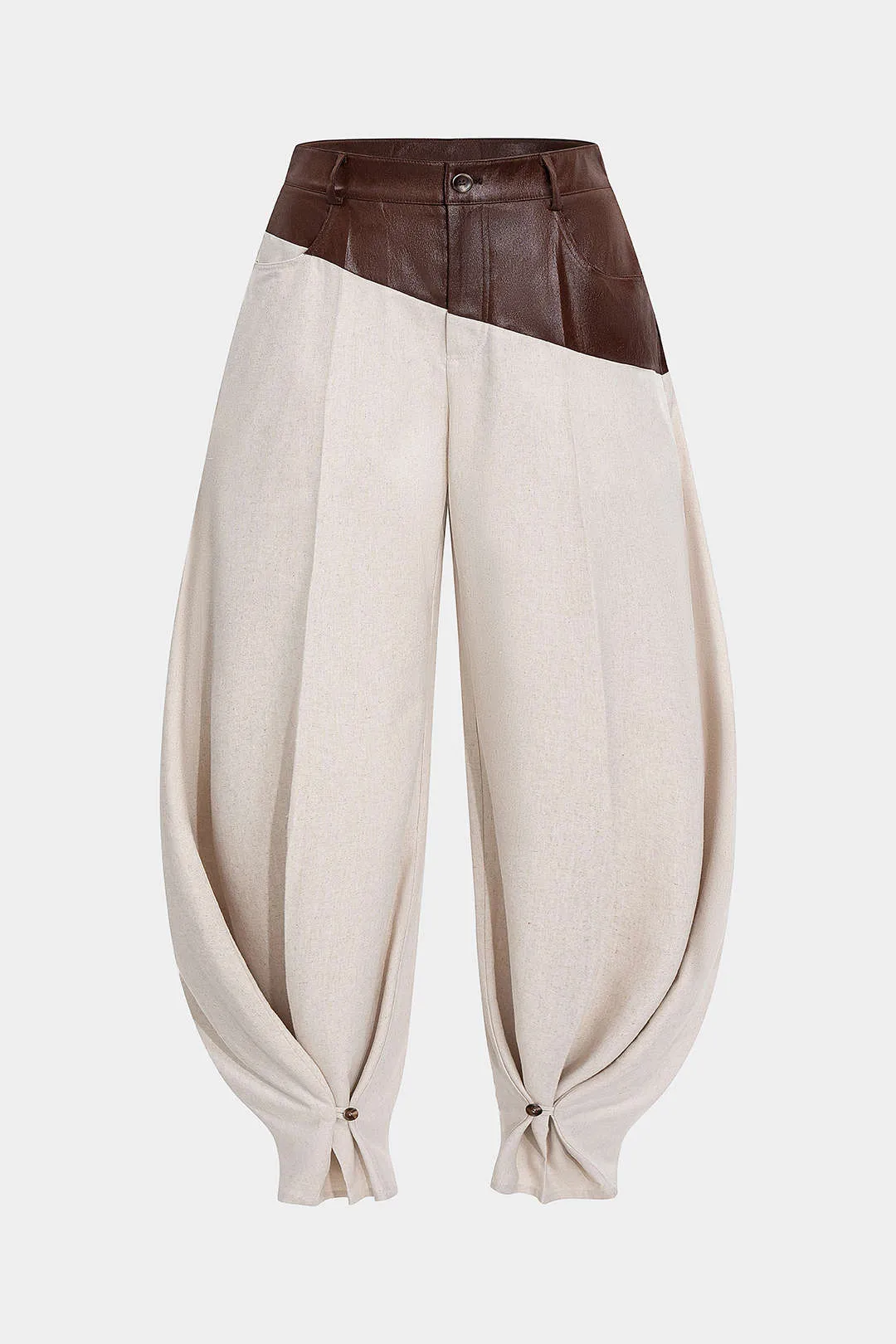 Plus Size Faux Leather Linen Patchwork Ruched Trousers sold by Micas