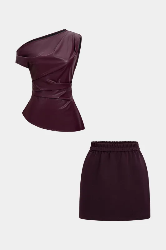 Faux Leather Asymmetrical Ruched Tank Top And Mini Skirt Set sold by Micas