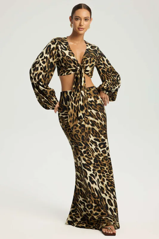 Leopard Print Knotted V-Neck Long-Sleeve Top And Skirt Set sold by Micas