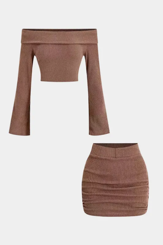 Off Shoulder Long-Sleeve Top And Ruched Skirt Set sold by Micas
