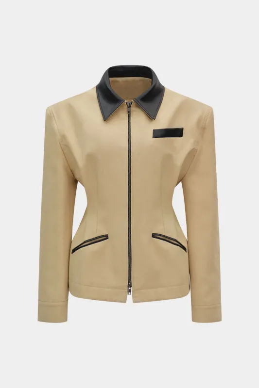 Faux Leather Zipper Patchwork Notched Lapel Jacket sold by Micas
