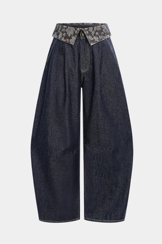 Denim Patchwork Barrel Jeans sold by Micas