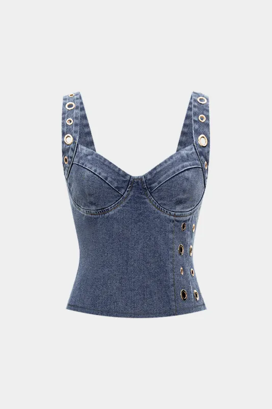 Denim Zipper Washed Hollow Out Ring Crop Top sold by Micas