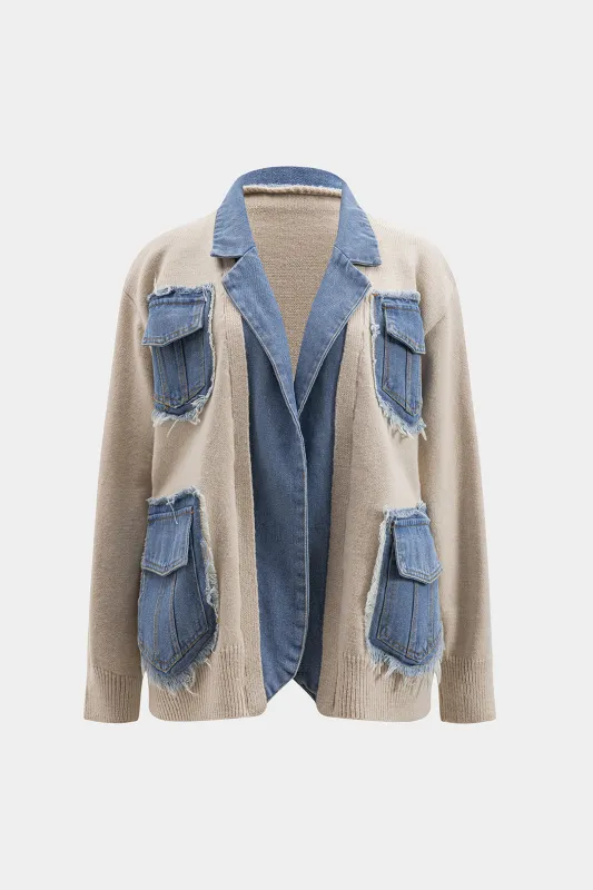 Ripped Pocket Patchwork Sweater Cardigan sold by Micas