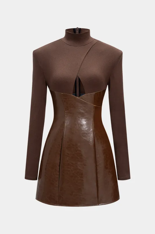 Mock Neck Faux Leather Patchwork Cut Out Long Sleeve Mini Dress sold by Micas