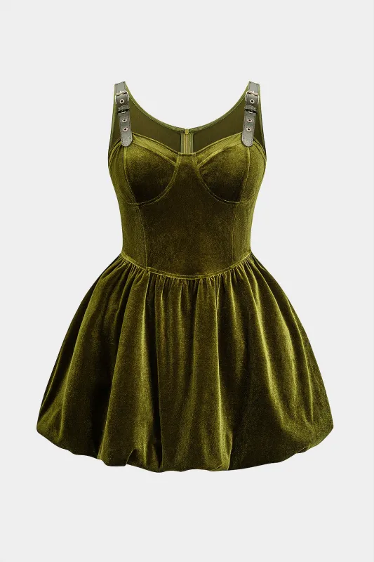 Plus Size Velvet Patchwork Zipper Puff Hem Sleeveless Mini Dress sold by Micas