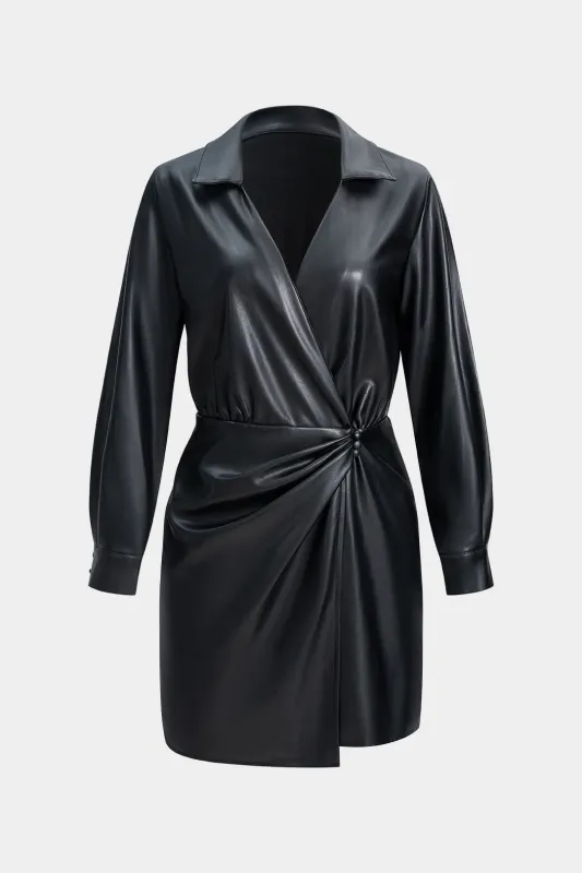 Faux Leather V-Neck Ruched Long Sleeve Mini Dress sold by Micas