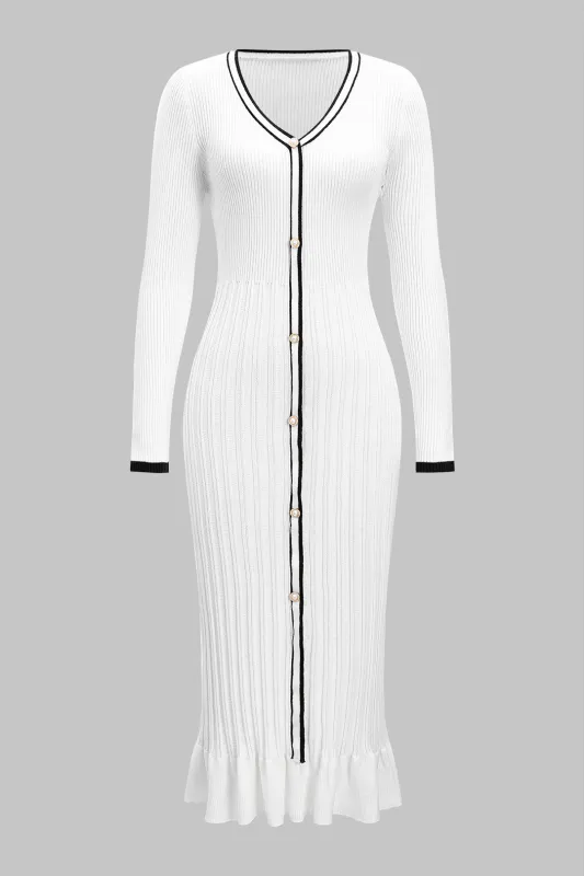 Knit Contrast Button Ruffle Long Sleeve Midi Dress sold by Micas
