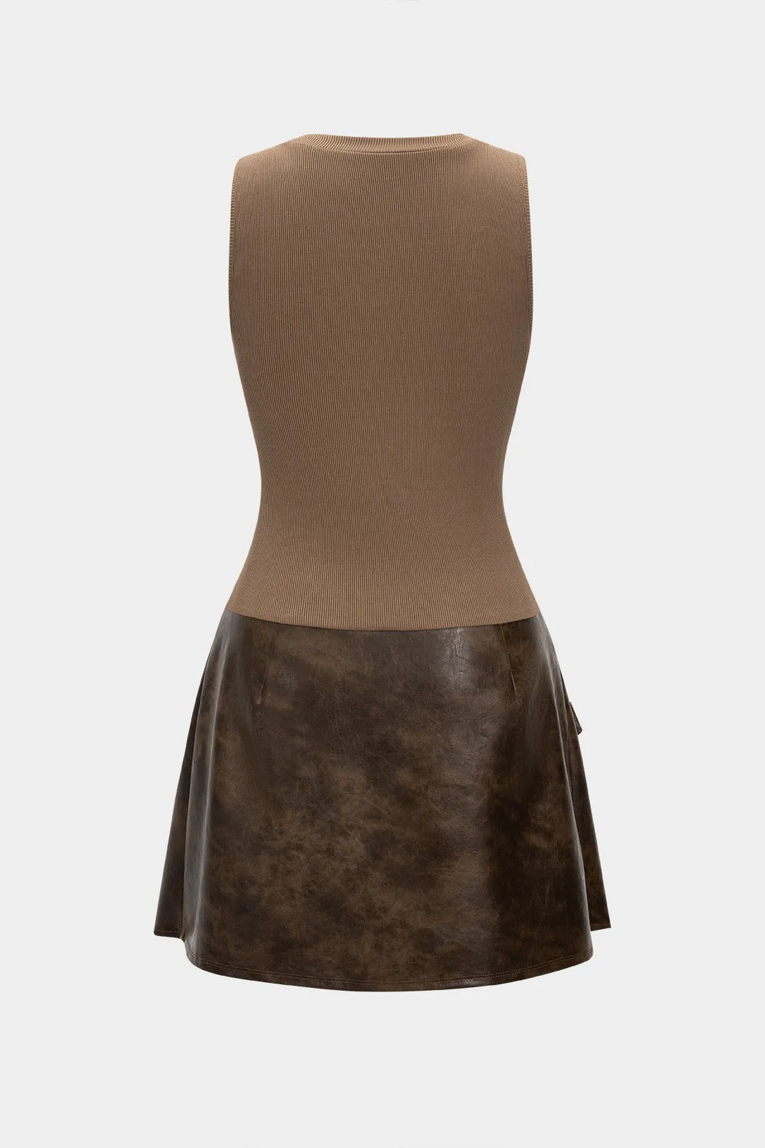 Faux Leather Patchwork Asymmetrical Sleeveless Mini Dress sold by Micas product image thumbnail 2