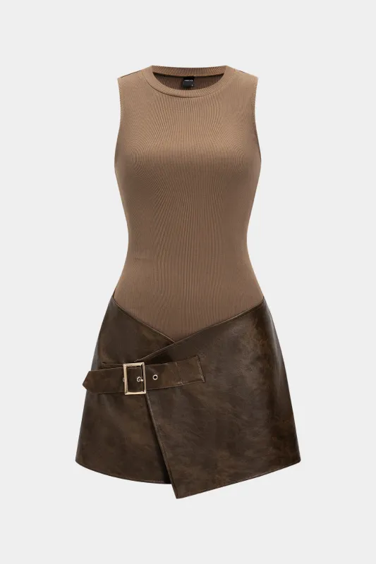 Faux Leather Patchwork Asymmetrical Sleeveless Mini Dress sold by Micas