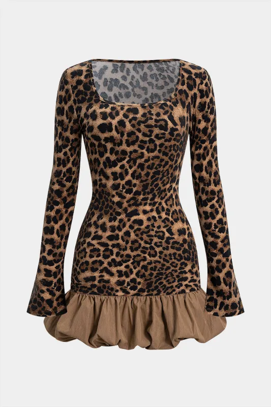Leopard Print Suede Patchwork Ruched Long Sleeve Midi Dress sold by Micas