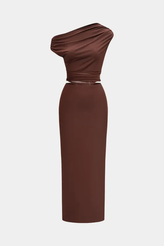 Mesh Patchwork Cut Out Ruched Asymmetrical Neck Midi Dress sold by Micas