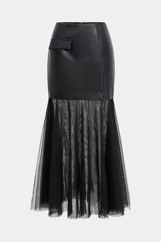 Faux Leather Mesh Patchwork Skirt sold by Micas