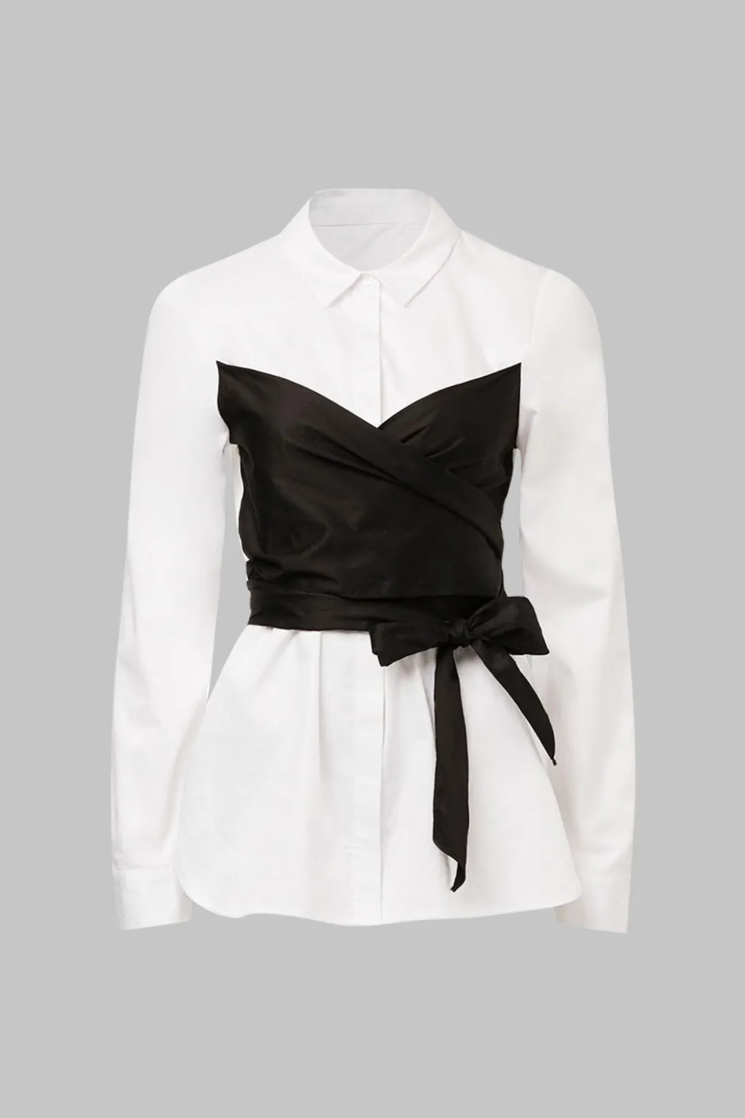 Faux Leather Patchwork Tie-Back Long-Sleeve Shirt sold by Micas