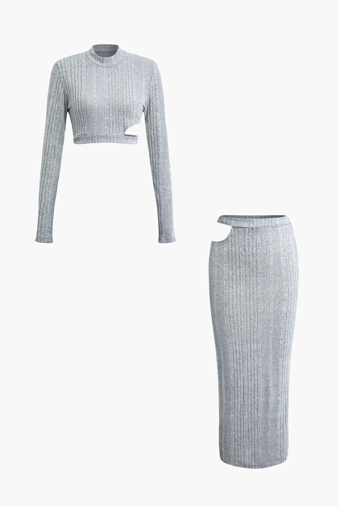 Cut Out Ribbed Long-Sleeve Top And Skirt Set sold by Micas