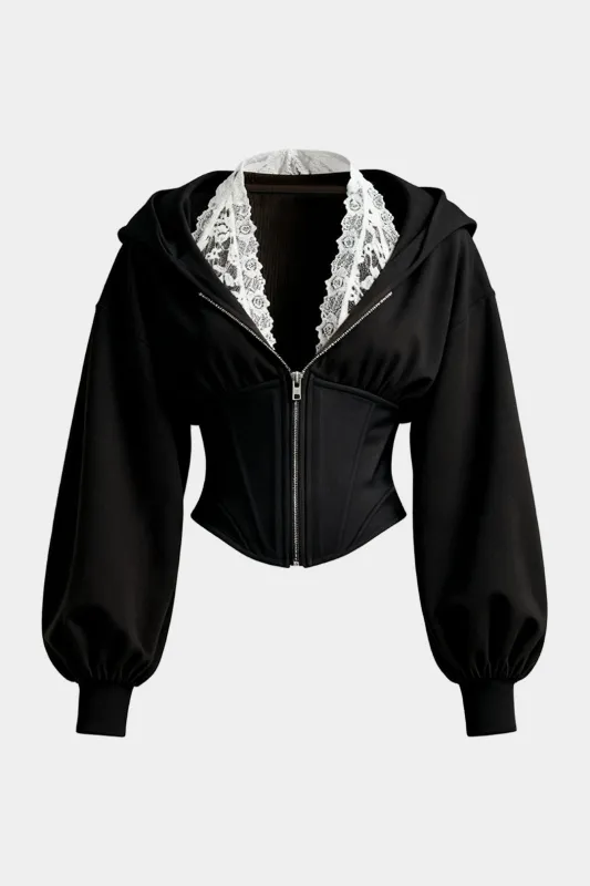 Lace Trim Tie-Back Patchwork V-Neck Zipper Hoodie sold by Micas