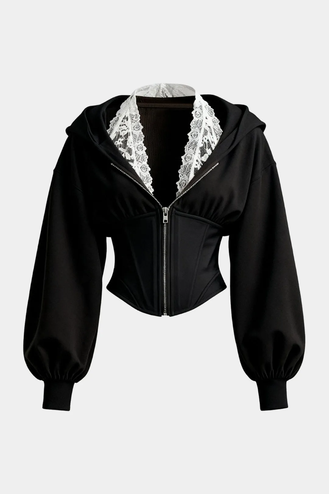 Lace Trim Tie-Back Patchwork V-Neck Zipper Hoodie sold by Micas